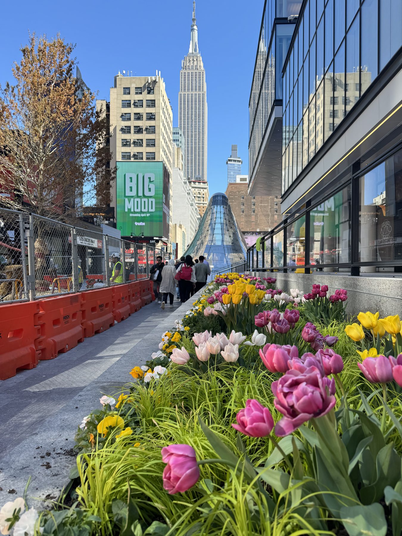 A long sidewalk planter packed with pink and yellow tulips and pansies, with the Empire State Building visible in the background.